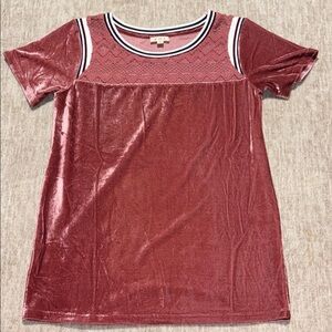 Small POL dusty pink velvet top crochet lace neck sporty flare long